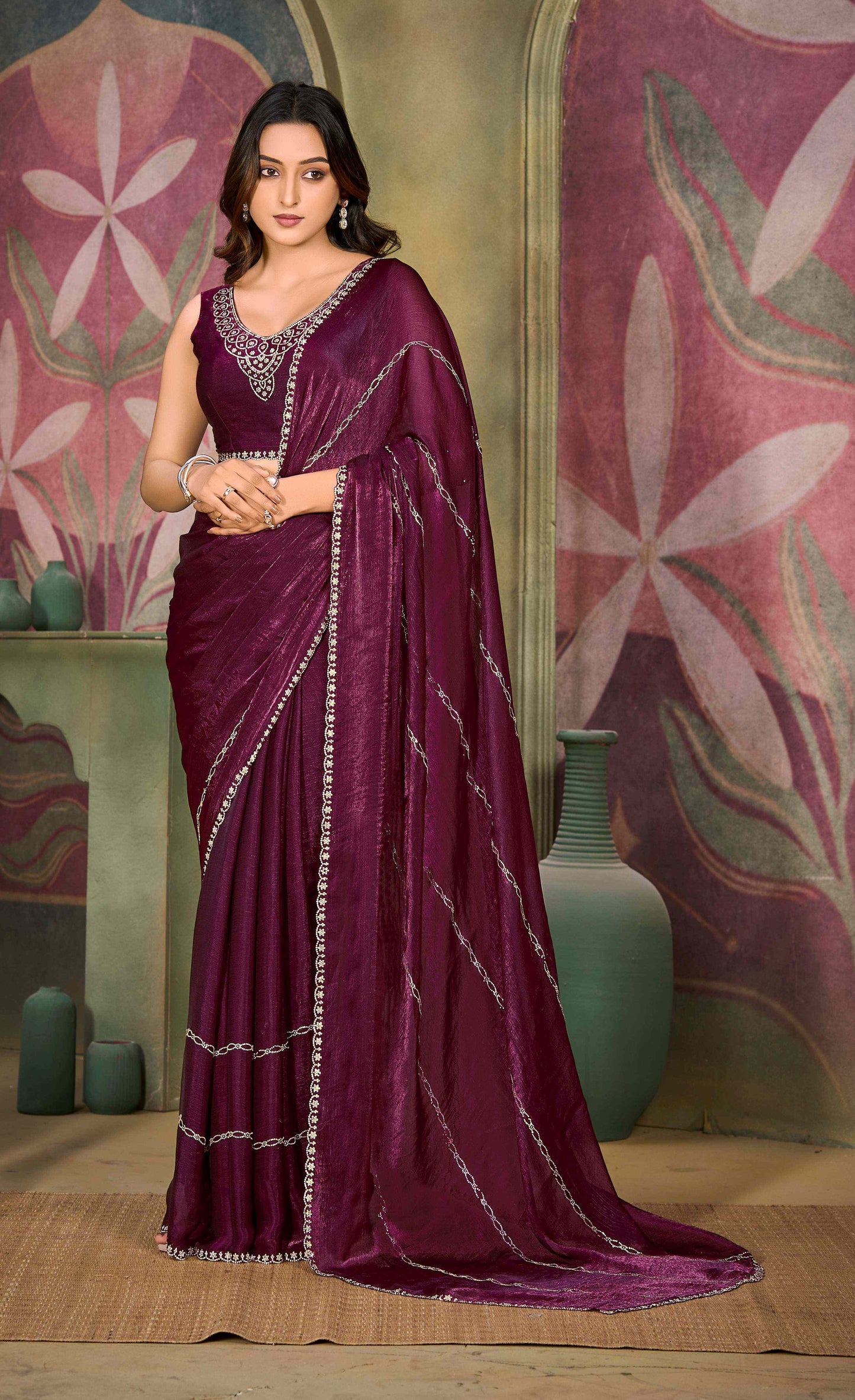 VIYONA FASHION Elegant Purple Chiffon Saree with Jarkan Work, Traditional Indian Ethnic Wear - PL-VY-9