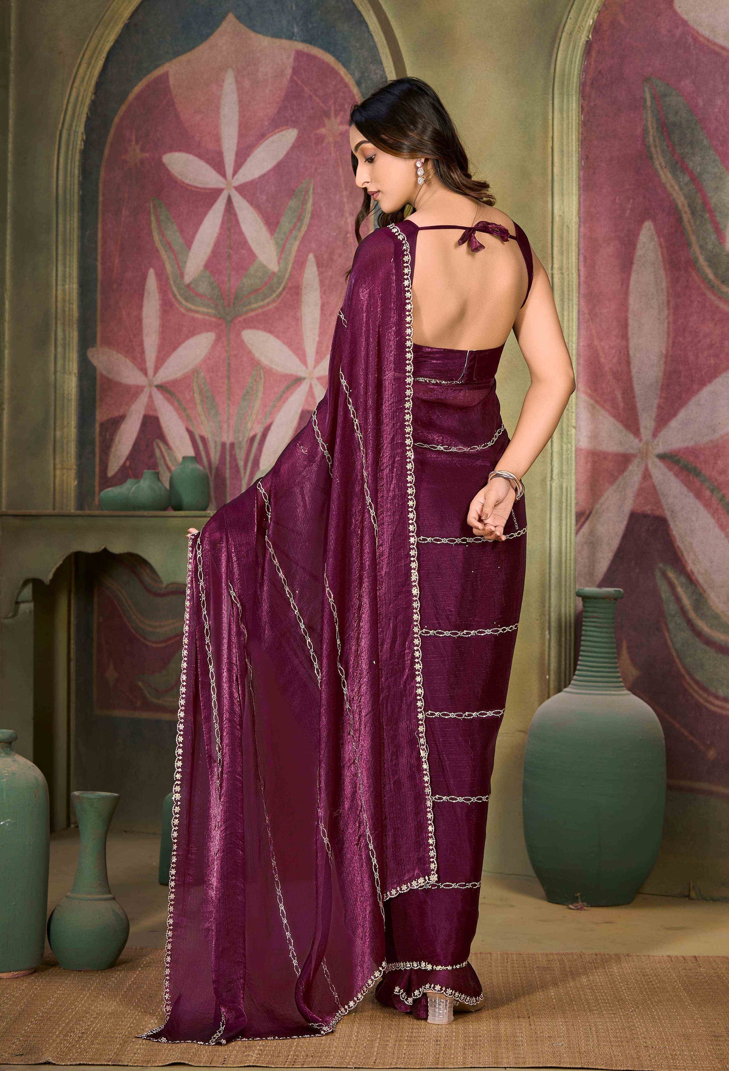 VIYONA FASHION Elegant Purple Chiffon Saree with Jarkan Work, Traditional Indian Ethnic Wear - PL-VY-9