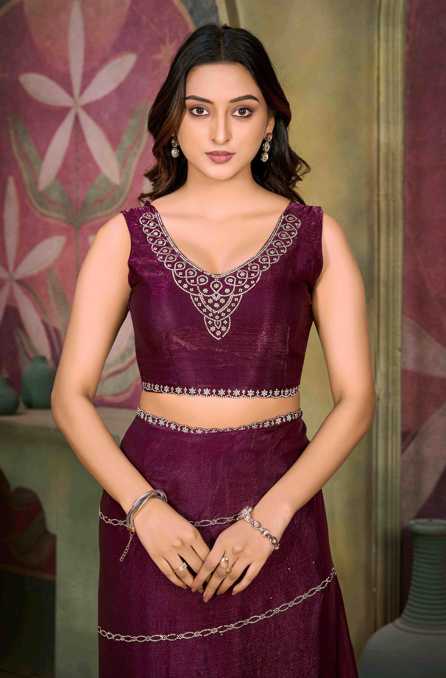 VIYONA FASHION Elegant Purple Chiffon Saree with Jarkan Work, Traditional Indian Ethnic Wear - PL-VY-9