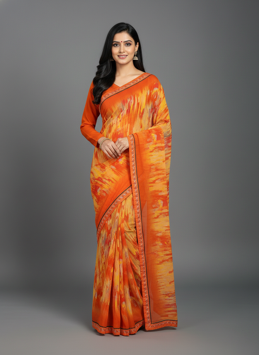 Orange Weightless Georgette Digital Print Saree - VY-Dairy-8003