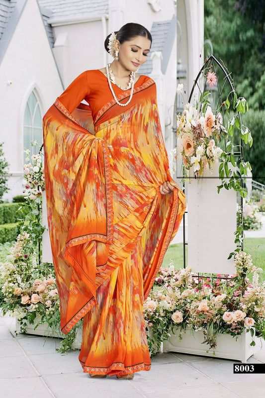 Orange Weightless Georgette Digital Print Saree - VY-Dairy-8003
