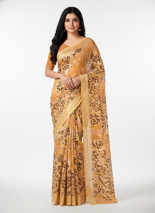Rust Chiffon Printed Saree - Vatika-1004