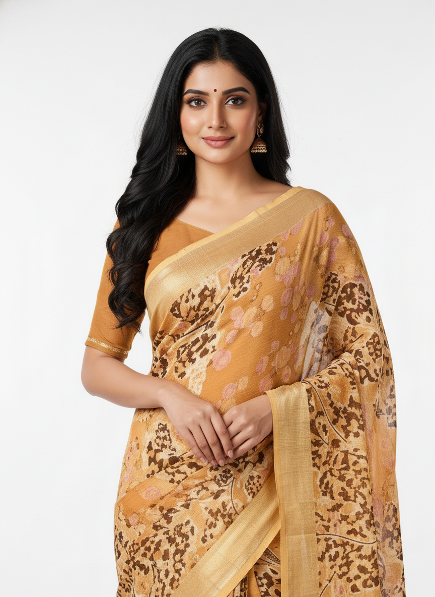 Rust Chiffon Printed Saree - Vatika-1004